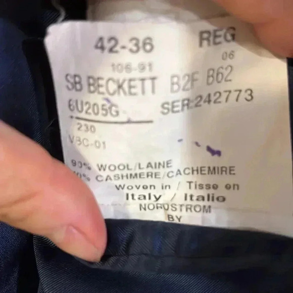 [42/36]Samuelsohn  SB Beckett Blue Wool/ Cashmere Men Regular Fit Blazer - Picture 9 of 11